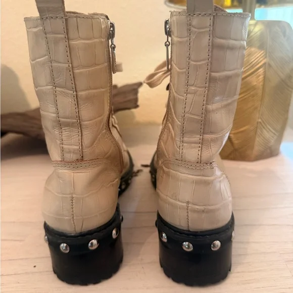 SCHUTZ Cream Croc-Embossed Combat Boots with stud detail - Picture 4 of 9
